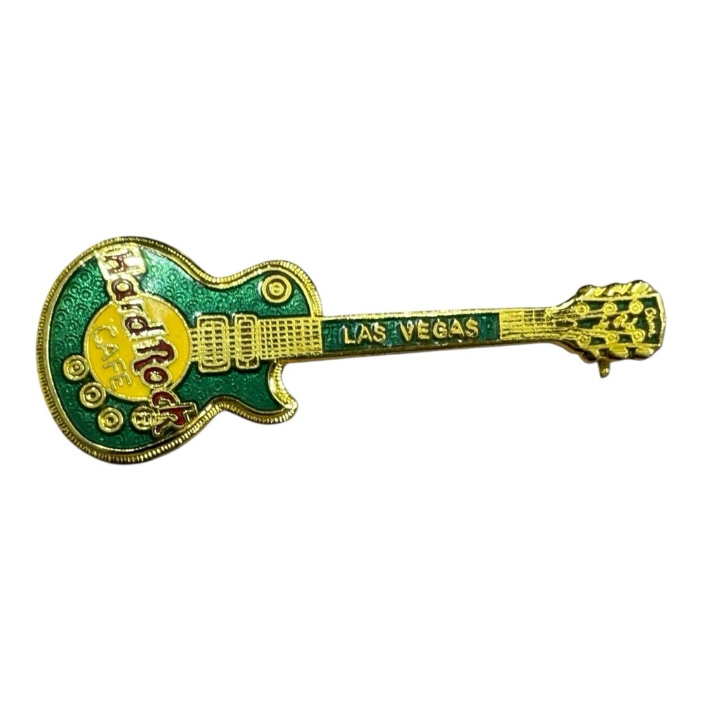 Vintage Hard Rock Cafe Gold, Green, and Red Las Vegas Guitar Pin Unisex